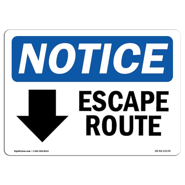 Safety Sign, OSHA Notice, 12" Height, Escape Route (Down Arrow) Sign With Symbol, Landscape